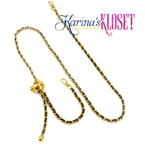 Adjustable Purse Strap, Leather Woven Chain, Brass & Black Vegan Leather